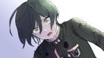  1boy bangs black_hair black_jacket breast_pocket commentary_request danganronpa_(series) danganronpa_v3:_killing_harmony from_below gradient gradient_background grey_background hair_between_eyes jacket jingle_(mhb729) long_sleeves looking_at_viewer male_focus open_mouth pocket saihara_shuuichi short_hair simple_background solo striped striped_jacket tears vertical_stripes yellow_eyes 