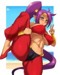  1girl absurdres arabian_clothes bandeau blue_eyes blush breasts cameltoe covered_nipples earrings highres hoop_earrings jewelry jmg large_breasts leg_hold long_hair pointy_ears ponytail purple_hair shantae_(character) shantae_(series) smile solo standing standing_on_one_leg v 