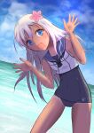  1girl beach black_neckwear blonde_hair blue_eyes blue_sailor_collar blue_sky cloud commentary_request cowboy_shot crop_top day flower hair_flower hair_ornament highres horizon kantai_collection leaning_to_the_side lens_flare long_hair mikeneko_(nicohatealpha) neckerchief ocean one-piece_tan outdoors ro-500_(kancolle) sailor_collar school_swimsuit sky solo swimsuit swimsuit_under_clothes tan tanline waving 