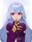  1girl :3 bangs belt belt_collar blue_background blue_hair bodysuit breasts closed_mouth collar eyebrows_visible_through_hair finger_to_face gloves highres kula_diamond long_hair looking_at_viewer medium_breasts oni_gini purple_eyes simple_background smile snow solo the_king_of_fighters the_king_of_fighters_xiv turtleneck upper_body zipper 