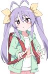  1girl ahoge backpack bag blush bow bright_pupils green_jacket hair_bow holding_strap ixy jacket long_hair looking_at_viewer miyauchi_renge non_non_biyori pink_shorts purple_hair randoseru red_bag red_eyes shirt shorts simple_background solo t-shirt twintails white_background white_pupils white_shirt yellow_bow 