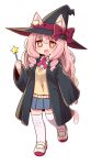  +_+ 1girl :d animal_ear_fluff animal_ears black_headwear black_robe blue_skirt blush bow breasts brown_eyes cat_ears cat_girl cat_tail collared_shirt dress_shirt ears_through_headwear fang full_body hat hat_bow highres holding holding_wand hood hood_down hooded_robe long_hair long_sleeves looking_at_viewer naga_u open_clothes open_mouth open_robe original pink_hair pleated_skirt red_bow ringlets robe school_uniform shirt shoes simple_background skirt sleeves_past_wrists small_breasts smile solo standing standing_on_one_leg star_(symbol) sweater_vest tail thighhighs uwabaki very_long_hair wand white_background white_footwear white_legwear white_shirt wide_sleeves wings 
