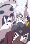  1girl ahoge animal_ear_fluff animal_ears aqua_eyes bangs black-framed_eyewear earrings extra_ears eyebrows_visible_through_hair fox_ears fox_girl fubuchun fubuzilla_(shirakami_fubuki) glasses hair_between_eyes hololive jewelry long_hair looking_at_viewer miteiru_(shirakami_fubuki) oruyanke_(shirakami_fubuki) senhaku shirakami_fubuki single_earring sleeves_past_wrists solo sukonbu_(shirakami_fubuki) virtual_youtuber white_hair 