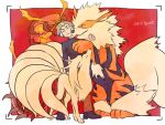  1boy alternate_costume arcanine black_shirt border brown_pants centiskorch closed_mouth commentary_request gen_1_pokemon gen_8_pokemon grey_hair gym_leader hand_up kabu_(pokemon) looking_at_viewer male_focus multicolored_hair ninetales ohhhhhhtsu pants pokemon pokemon_(creature) pokemon_(game) pokemon_swsh shirt shoes standing two-tone_hair viewfinder white_border 