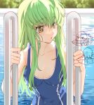 1girl breasts c.c. chibi chibi_inset cleavage code_geass collarbone creayus dripping eyebrows_visible_through_hair forest green_hair ladder long_hair medium_breasts nature partially_submerged pool school_swimsuit swimsuit tree water yellow_eyes 