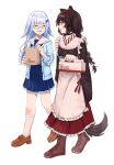  2girls ^_^ absurdres animal_ears apron bag bangs black_choker blue_hair blue_skirt blue_sweater boots box braid brown_footwear brown_hair choker closed_eyes colored_inner_hair dog_ears dog_tail eyebrows_visible_through_hair fang frilled_kimono frills glasses highres holding holding_bag holding_box ibuki_(ibuki0118) inui_toko japanese_clothes kimono lize_helesta maid_apron maid_headdress mister_donut multicolored_hair multiple_girls nijisanji open_mouth red_eyes sailor_collar silver_hair skirt smile sweater tail twin_braids virtual_youtuber wa_maid 