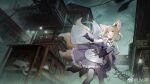  1girl animal_ears arknights bird black_gloves blonde_hair blue_hairband building cityscape cloud cloudy_sky dark_sky dress earpiece feet_out_of_frame fox_ears fox_tail gloves hairband highres infection_monitor_(arknights) kitsune kyuubi liyu_li looking_at_viewer multiple_tails open_mouth oripathy_lesion_(arknights) outdoors power_lines purple_dress scenery short_hair_with_long_locks sky solo suzuran_(arknights) tail weibo_username yellow_eyes 