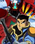  1boy black_hair blu-ray_cover brown_eyes claws cloud cover getter_arc getter_robo getter_robo_arc glowing glowing_eyes gun hair_behind_ear handgun highres holding holding_gun holding_weapon looking_to_the_side mecha nagare_takuma official_art open_mouth pilot_suit revolver science_fiction sky upper_body v-shaped_eyebrows weapon yellow_eyes 