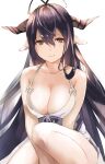  1girl antenna_hair bandages black_hair blush breasts cleavage danua draph dress granblue_fantasy hair_between_eyes highres horn_ornament horns jewelry large_breasts long_hair looking_at_viewer pointy_ears red_eyes simple_background smile solo white_background white_dress 