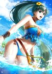  bangs bare_shoulders beach belt bikini bird blue_bikini blue_sky breasts choker cleavage cloud coconut coconut_tree day delsaber earrings eyebrows_visible_through_hair fire_emblem fire_emblem:_the_blazing_blade fire_emblem_heroes flower green_eyes hair_flower hair_ornament highres jewelry large_breasts long_hair lyn_(fire_emblem) navel necklace ocean open_mouth palm_tree partially_submerged ponytail shell sky smile splashing strapless strapless_bikini sunlight swimsuit tassel tree very_long_hair wading water water_drop yellow_flower 