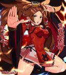  1girl :o absurdres artist_name breasts brown_eyes brown_hair chinese_clothes commentary covered_navel covered_nipples dress eyebrows_visible_through_hair fighting_stance fire guilty_gear highres kuradoberi_jam long_hair medium_breasts sarukaiwolf solo thighs translation_request v-shaped_eyebrows 