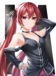  1girl bangs black_choker black_ribbon breasts choker cleavage closed_mouth clothing_cutout collarbone cosplay fire_emblem fire_emblem_awakening floating_hair hair_between_eyes hair_ribbon hand_on_hip ia_(vocaloid) ia_(vocaloid)_(cosplay) long_hair pink_skirt pleated_skirt red_eyes red_hair ribbon severa_(fire_emblem) shiny shiny_hair shoulder_cutout skirt small_breasts smile solo standing ten_(tenchan_man) twintails very_long_hair vocaloid 
