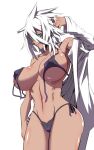  1girl bikini breasts commentary_request dark-skinned_female dark_skin eyebrows_visible_through_hair hair_between_eyes hand_in_hair highres jin_(mugenjin) large_breasts medium_hair original partially_undressed shirt side-tie_bikini solo spiked_hair swimsuit untied untied_bikini white_background white_hair white_shirt 