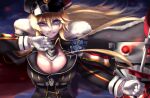  1girl azur_lane bangs bismarck_(azur_lane) blonde_hair blood blood_from_mouth blue_eyes breasts cacao_(suisaixx) cape cleavage clenched_teeth eyebrows_visible_through_hair fur-trimmed_cape fur_trim gloves hair_between_eyes hat large_breasts long_hair looking_at_viewer military military_hat military_uniform peaked_cap teeth uniform white_gloves 