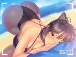  1girl a.x. animal_ears ass back bare_shoulders beach black_hair black_swimsuit blurry blurry_background blush breasts cat_ears cleavage dated eyebrows_visible_through_hair fake_animal_ears hanging_breasts huge_ass large_breasts lens_flare lips looking_at_viewer medium_hair ocean one-piece_swimsuit original purple_eyes sideboob solo swimsuit top-down_bottom-up tsurime viewfinder 