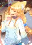  1girl :d ^_^ animal_ear_fluff animal_ears aran_sweater bangs blonde_hair blurry blurry_background blush breasts closed_eyes collarbone commentary_request depth_of_field eyebrows_visible_through_hair fang flower fox_ears fox_girl fox_tail hair_flower hair_ornament hand_up indoors jewelry kouu_hiyoyo long_hair long_sleeves nail_polish open_mouth original purple_nails ring small_breasts smile solo sunflower sunflower_hair_ornament sweater tail very_long_hair white_sweater yellow_flower 