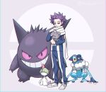  1boy blue_jacket boku_no_hero_academia character_request chromatic_aberration commentary_request crossover espurr frogadier gen_1_pokemon gen_3_pokemon gen_6_pokemon gengar grey_eyes holding holding_pokemon jacket long_sleeves male_focus ohhhhhhtsu pants parted_lips pokemon pokemon_(creature) purple_hair ralts scarf shoes spiked_hair standing teeth white_footwear white_scarf 