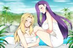  2girls bamboo bathing blonde_hair blush breasts cleavage earrings fire_emblem fire_emblem_echoes:_shadows_of_valentia jewelry large_breasts lindaroze long_hair looking_at_viewer mathilda_(fire_emblem) mature_female multiple_girls naked_towel necklace onsen purple_eyes sitting smile sonya_(fire_emblem) towel very_long_hair white_towel 