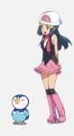  1girl :d arms_behind_back black_legwear black_shirt blue_eyes blue_hair boots dawn_(pokemon) floating_hair full_body gen_4_pokemon gouda_takeshi_(dogezakaiden) grey_background hair_ornament hairclip highres knee_boots kneehighs long_hair miniskirt open_mouth pink_footwear pink_skirt piplup pokemon pokemon_(creature) pokemon_(game) pokemon_dppt shiny shiny_hair shirt simple_background skirt sleeveless sleeveless_shirt smile solo standing starter_pokemon white_headwear 