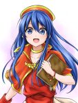  1girl :d bangs blue_eyes blue_hair capelet collarbone fire_emblem fire_emblem:_the_binding_blade floating_hair hair_between_eyes holding lilina_(fire_emblem) long_hair looking_at_viewer open_mouth orange_capelet red_headwear red_shirt shiny shiny_hair shirt simple_background skirt smile solo ten_(tenchan_man) upper_body very_long_hair white_background white_skirt 