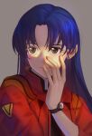  1girl absurdres blue_hair bracelet brown_eyes closed_mouth earrings grey_background hair_intakes highres jacket jewelry katsuragi_misato long_hair neon_genesis_evangelion red_jacket sakura-wars shiny shiny_hair simple_background smile solo straight_hair upper_body 