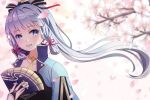  1girl ayaka_(genshin_impact) blue_eyes cherry_blossoms fan genshin_impact hair_ribbon highres holding holding_fan japanese_clothes kimme1107 light_blue_hair looking_at_viewer open_mouth petals ponytail red_ribbon ribbon smile solo upper_body 