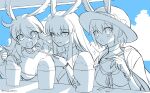  3girls ahoge bangs black_hair blonde_hair blue_sky blush breasts coat eyebrows_behind_hair eyebrows_visible_through_hair fate/grand_order fate_(series) greyscale hair_between_eyes hat hildr_(fate) holding holding_spoon long_hair looking_at_viewer meiji_ken monochrome multiple_girls ocean open_mouth ortlinde_(fate) pink_hair pointy_ears red_eyes ribbon shaved_ice short_hair sky sleeveless smile spoon summer swimsuit thrud_(fate) upper_body valkyrie_(fate) victory_pose 