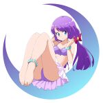  1girl ankle_scrunchie barefoot bikini blue_eyes bow closed_mouth crescent_moon eyebrows_visible_through_hair full_body hair_bow kaguya_madoka long_hair low_twintails miniskirt moon pleated_skirt precure purple_bikini purple_hair red_bow scrunchie shiny shiny_hair skirt smile solo star_twinkle_precure swimsuit twintails uraki very_long_hair white_background white_skirt wrist_scrunchie 