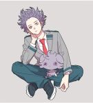 1boy bags_under_eyes boku_no_hero_academia character_request closed_mouth collared_shirt commentary_request crossover espurr gen_6_pokemon green_pants grey_background grey_eyes grey_jacket hand_up jacket long_sleeves male_focus necktie ohhhhhhtsu pants pokemon pokemon_(creature) purple_hair red_neckwear school_uniform shirt shoes short_hair sitting spiked_hair white_shirt 