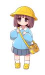  1girl bag bangs blue_shirt blue_skirt blush brown_eyes brown_hair closed_mouth collared_shirt eyebrows_visible_through_hair full_body hat highres kindergarten_bag kindergarten_uniform loafers long_sleeves looking_at_viewer naga_u original pleated_skirt puffy_long_sleeves puffy_sleeves school_hat shirt shoes simple_background skirt sleeves_past_wrists socks solo standing white_background white_legwear yellow_footwear yellow_headwear 