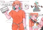  ! !? 2girls anger_vein arufa-09 blush english_text explosion eyebrows_visible_through_hair fang flower highres hololive hololive_english mori_calliope multiple_girls open_mouth orange_hair orange_jumpsuit pink_hair prison_clothes profanity speech_bubble takanashi_kiara virtual_youtuber yuri 