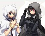  2girls ahoge bangs black_cloak black_gloves black_hair bracelet breasts cloak coat eyebrows_behind_hair eyebrows_visible_through_hair fate/grand_order fate_(series) gloves gray_(fate) green_eyes hair_between_eyes jewelry meiji_ken multiple_girls ortlinde_(fate) red_eyes short_hair silver_hair simple_background upper_body valkyrie_(fate) white_background white_cloak wings 