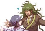  2boys :d bangs blazer blush brown_jacket bug butterfly checkered checkered_scarf closed_eyes commentary_request danganronpa_(series) danganronpa_v3:_killing_harmony facing_another glasses gokuhara_gonta green_hair green_neckwear grey_background imminent_hug insect jacket long_hair long_sleeves looking_at_another multiple_boys necktie open_mouth ouma_kokichi purple_hair purple_scarf round_eyewear scarf shiny shiny_hair short_hair simple_background smile upper_body white_scarf youko-shima 