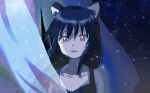  1girl animal_ear_fluff animal_ears bangs bare_shoulders black_dress black_hair blue_eyes character_request collarbone commentary_request crying crying_with_eyes_open curtains dress eyebrows_visible_through_hair fangs hair_between_eyes kayanogura long_hair looking_at_viewer ookami_kodomo_no_ame_to_yuki open_mouth sleeveless sleeveless_dress solo tears transparent upper_body 