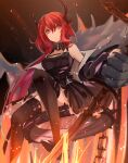  1girl arknights black_dress black_jacket black_legwear chain collar demon_girl demon_horns dress expressionless hair_between_eyes highres horns jacket looking_at_viewer looking_down minuo off_shoulder open_clothes open_jacket purple_eyes red_hair sitting solo spiked_collar spikes surtr_(arknights) thighhighs 