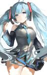  1girl :o absurdres ahoge aqua_eyes aqua_hair aqua_neckwear bangs bare_shoulders blunt_bangs blush breasts clothes_lift commentary cowboy_shot detached_sleeves eyebrows_visible_through_hair from_below hatsune_miku headset highres long_hair looking_at_viewer medium_breasts mizuiro_sanshou necktie pleated_skirt shirt simple_background sketch skirt skirt_lift solo thighs tight tight_shirt twintails very_long_hair vocaloid white_background 