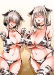  2girls absurdres adahcm animal_ears animal_print bangs bell bikini blush breasts clenched_hands closed_mouth collar cow_ears cow_horns cow_print curvy elbow_gloves eyebrows_visible_through_hair fang gloves hair_between_eyes hair_over_eyes hair_tie hairband hand_on_own_chest hands_up highres horns huge_breasts large_breasts lips low_ponytail medium_breasts mother_and_daughter multiple_girls navel neck_bell open_mouth shadow short_hair silver_hair sweat swimsuit teeth thighhighs tied_hair uzaki-chan_wa_asobitai! uzaki_tsuki uzaki_yanagi 