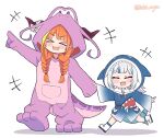  2girls blush boots braids chibi fang gawr_gura gray_hair hololive hoodie horns kiryuu_coco kukie-nyan long_hair orange_hair pointed_ears short_hair tail twintails watermark white 