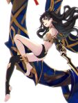  1girl ass bare_legs bare_shoulders black_hair black_legwear breasts crown earrings elbow_gloves fate/grand_order fate_(series) fingerless_gloves gloves hair_ornament highres ishtar_(fate) ishtar_(fate)_(all) jewelry long_hair looking_at_viewer looking_back red_eyes simple_background solo thighhighs twintails underwear white_background yohaku 