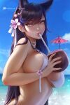  1girl animal_ears atago_(azur_lane) azur_lane bangs bikini black_hair blue_sky breasts brown_eyes coconut day dog_ears drinking_straw english_commentary extra_ears eyebrows_visible_through_hair flower hair_flower hair_ornament large_breasts lips long_hair looking_at_viewer mole mole_under_eye olchas outdoors profile sky solo swept_bangs swimsuit upper_body water wet white_bikini 