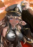  1girl azur_lane bald_eagle belt bird black_coat black_neckwear blouse blush breasts check_commentary cloud cloudy_sky coat commentary_request eagle enterprise_(azur_lane) grey_hair hat highres large_breasts long_hair long_sleeves looking_at_viewer mentos_(rundymentos) necktie off_shoulder peaked_cap purple_eyes sky sleeveless_blouse smile sunset underbust upper_body 