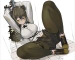  1girl animal_ears arknights artist_name black_gloves black_legwear black_shorts bound bound_wrists breasts brown_eyes brown_footwear brown_hair button_gap cleavage cokuto1 collared_shirt cuffs gloves handcuffs large_breasts leggings legwear_under_shorts long_hair long_sleeves looking_at_viewer open_fly polka_dot polka_dot_shirt raccoon_ears raccoon_girl robin_(arknights) shirt shoes short_shorts shorts sneakers solo spread_legs thigh_strap 