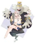  1girl alternate_costume asymmetrical_hair bangs barefoot blue_shorts cookie crossover cup dessert dusknoir eyebrows_visible_through_hair floating floating_object food gen_4_pokemon holding holding_food hood hood_down kantai_collection medium_hair nowaki_(kancolle) pokemon pokemon_(creature) shakemi_(sake_mgmgmg) shorts silver_hair simple_background sitting spoon steam teacup 