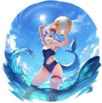  1girl ball bare_arms bare_shoulders beachball blue_eyes blue_hair blue_sky blue_swimsuit clothing_cutout cloud commentary_request day fish_tail flower gawr_gura hair_flower hair_ornament hololive hololive_english leg_garter legs_apart looking_at_viewer medium_hair multicolored_hair navel navel_cutout ocean one-piece_swimsuit open_mouth outdoors shark_tail sharp_teeth sky smile solo sorutoneko streaked_hair sun sunlight swimsuit tail teeth thighs virtual_youtuber water white_hair 