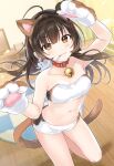  &quot;rouhou&quot;_ore_no_iinazuke_ni_natta_jimiko_ie_dewa_kawaii_shikanai. 1girl ahoge animal_ears animal_print arms_up bandeau bare_arms bare_shoulders breasts brown_eyes brown_hair cat_ears cat_girl cat_print cat_tail fake_animal_ears fake_tail gloves highres leg_up long_hair looking_at_viewer medium_breasts micro_shorts midriff navel paw_gloves paws short_shorts shorts smile solo stomach strapless tail tan_(tangent) thighs tubetop underwear underwear_only v-shaped_eyebrows watanae_yuuka white_shorts 