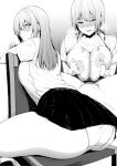  1boy 1girl amano_don ass back bangs blush breast_squeeze breasts collared_shirt greyscale hetero highres large_breasts long_hair looking_at_viewer monochrome multiple_views nipples original paizuri penis shirt short_sleeves sitting skirt smile thighs 