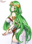  1girl artist_name back bangs belt blush bracelet breasts circlet cleavage dated gem green_eyes green_hair jewelry kid_icarus large_breasts long_hair looking_at_viewer looking_back mina_cream palutena parted_bangs seductive_smile sideboob simple_background smile super_smash_bros. white_background white_legwear 