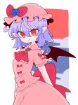  1girl ascot bat_wings black_sky blue_flower blue_hair bow brooch cloud cravat dress flower frilled_shirt frilled_shirt_collar frilled_sleeves frills hat hat_ribbon highres jewelry light_purple_hair mob_cap night op_na_yarou outdoors pink_dress puffy_short_sleeves puffy_sleeves purple_hair red_bow red_eyes red_ribbon red_sky remilia_scarlet ribbon ribbon_trim rose sash shirt short_hair short_sleeves sky star_(sky) touhou wings wrist_cuffs 