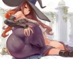  1girl ass ass_focus bare_shoulders black_sleeves breasts brown_eyes brown_hair commentary curvy detached_sleeves dragon&#039;s_crown dress from_behind huge_ass huge_breasts kazo long_hair looking_at_viewer looking_back parted_lips purple_dress skull solo sorceress_(dragon&#039;s_crown) spread_ass wide_hips 