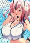  1girl absurdres azur_lane bangs bare_shoulders black_hair blue_sky blurry blurry_background breasts bremerton_(azur_lane) bremerton_(scorching-hot_training)_(azur_lane) chain-link_fence cleavage cloud collarbone commentary_request crop_top crop_top_overhang day eyebrows_visible_through_hair fence groin hair_between_eyes hair_intakes hair_ornament hand_on_hip hand_on_own_cheek hand_on_own_face hand_up heart heart_necklace highres large_breasts lens_flare long_hair mole mole_under_eye multicolored_hair navel one_eye_closed open_mouth outdoors pink_eyes pink_hair reward_available shirt sidelocks sky sleeveless sleeveless_shirt solo sportswear standing streaked_hair sweat tennis_uniform twintails two-tone_hair two-tone_shirt upper_body upper_teeth utani_(punishment) white_shirt wristband x_hair_ornament 